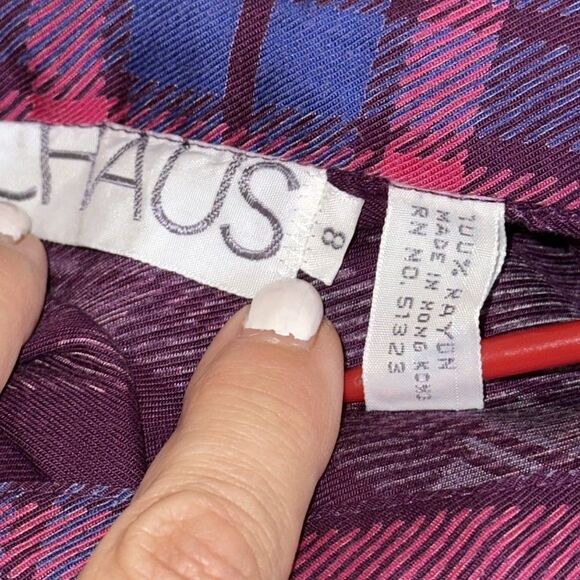 Vintage 80s Chaus Purple, Pink & Green Plaid Pleated Midi Full Rayon Skirt - Picture 6 of 7